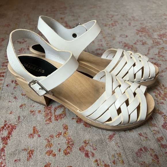 Swedish Hasbeens Shoes - Hasbeens White Leather Strappy Heeled Clogs— Women’s 37